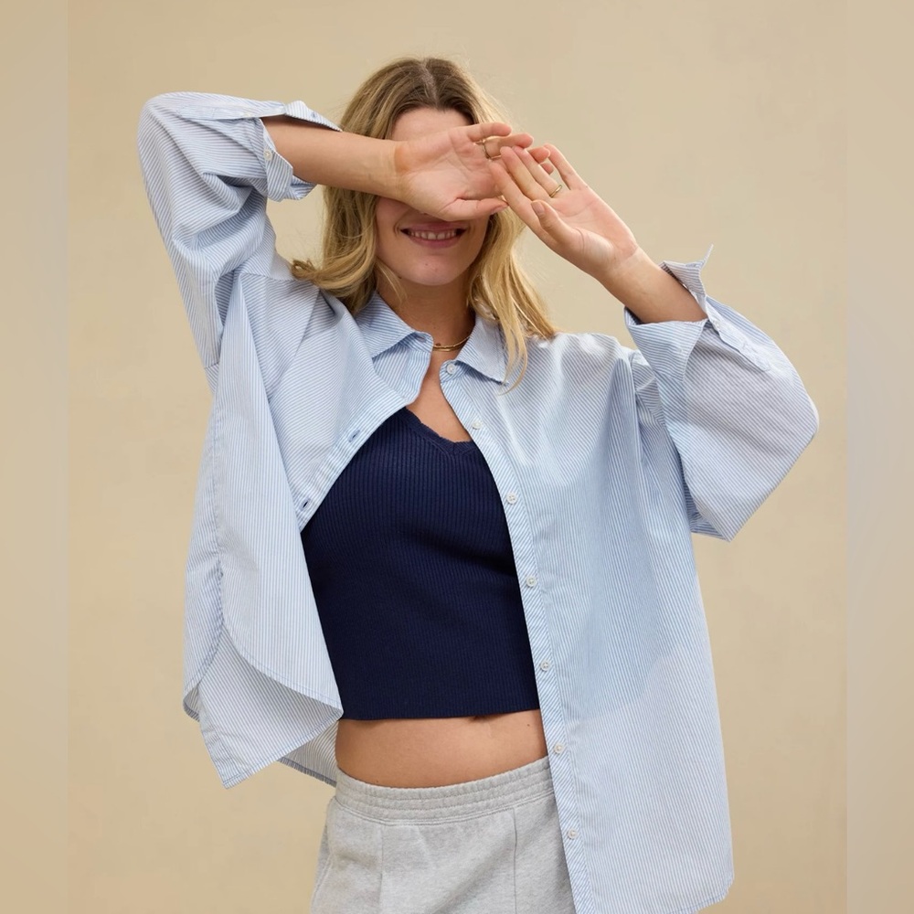 Aerie Blue White Striped Oversized Boxy Fit Collared Button Up Down Dress Shirt
